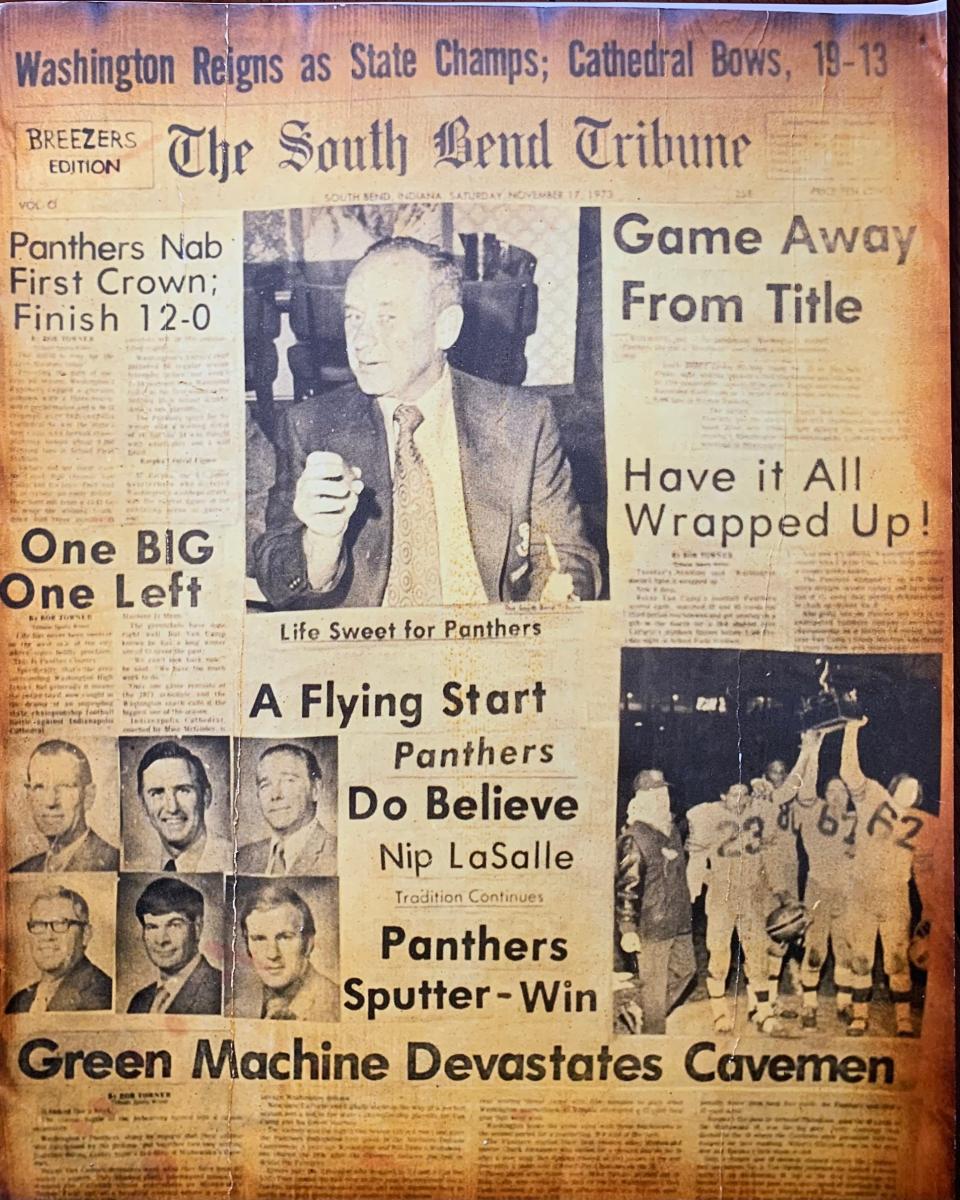 The front page of the Nov. 17, 1973, print edition of the South Bend Tribune, featuring the Washington football team winning the Class 3A state title.