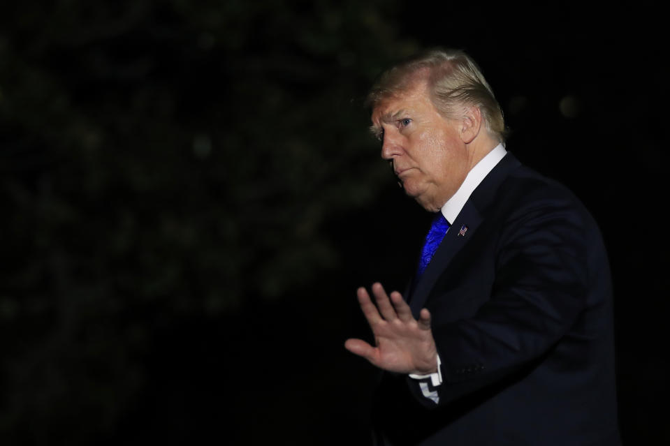 President Donald Trump waves upon arrival at White House in Washington, Tuesday, Oct. 2, 2018, from a trip to Southaven, Miss. (AP Photo/Manuel Balce Ceneta)