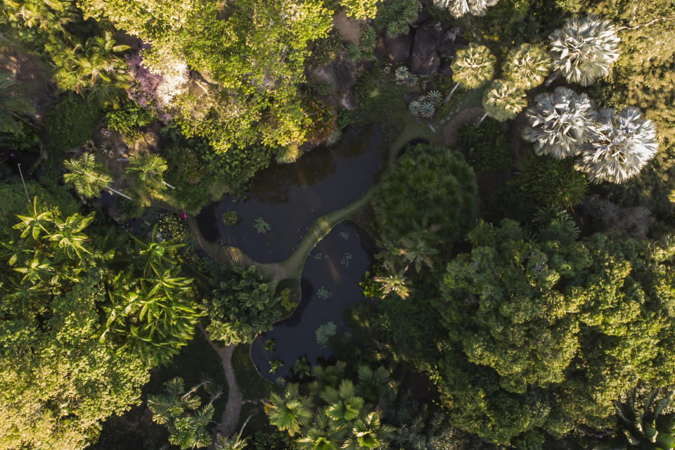 Aerial View of Roberto Burle Marx’s former home, which was elected today as a World Heritage Site by the United Nations Educational, Scientific and Cultural Organization, UNESCO, in Rio de Janeiro, Brazil, Tuesday, July 27, 2021. The site features more than 3,500 species of plants native to Rio and is considered a laboratory for botanical and landscape experimentation. (AP Photo/Mario Lobao)