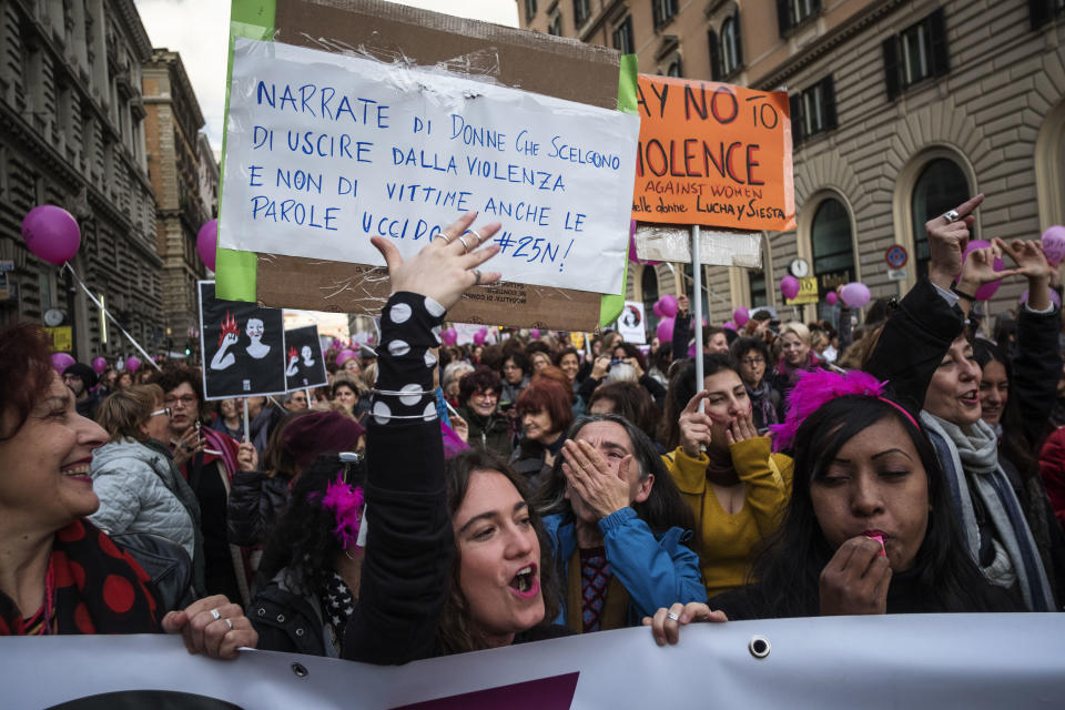 <p>Women protest during the national demonstration for the International Day for the Elimination of Violence against Women, in Rome on Nov. 25, 2017. (Photo: Antonio Masiello/Getty Images) </p>