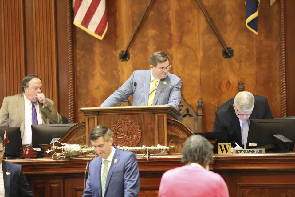 South Carolina House Speaker Murrell Smith, R-Sumter, presides over the House on Wednesday, May 8, 2024, in Columbia, S.C. (AP Photo/Jeffrey Collins)