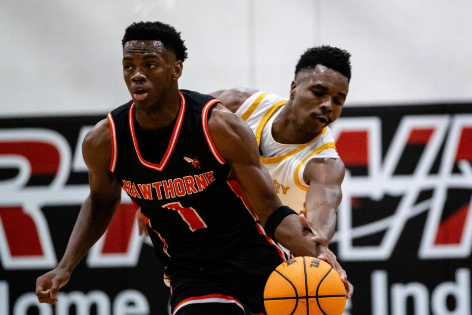 Hawthorne Hornets CJ Ingram (1) during the Class 1A-District 6 final basketball game between Newberry High School and Hawthorne High School at Fort White High School in Fort White, FL on Saturday, February 10, 2024. [Chris Watkins/Gainesville Sun]