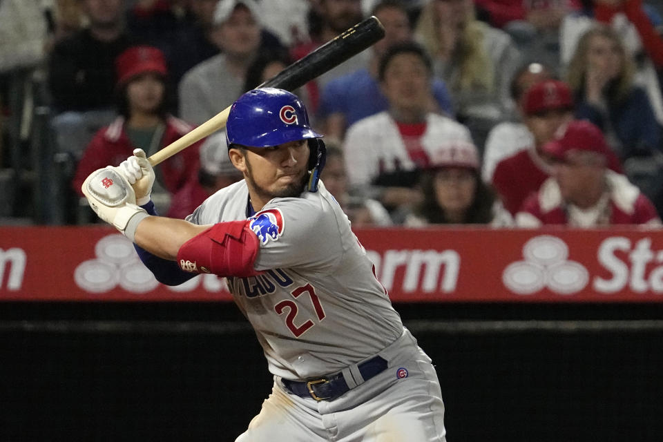 Chicago Cubs' Seiya Suzuki bats during the ninth inning of a baseball game against the Los Angeles Angels Thursday, June 8, 2023, in Anaheim, Calif. (AP Photo/Mark J. Terrill)
