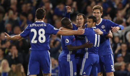 Britain Soccer Football - Chelsea v Manchester City - Premier League - Stamford Bridge - 5/4/17 Chelsea's Eden Hazard celebrates scoring their first goal with teammates Action Images via Reuters / John Sibley Livepic