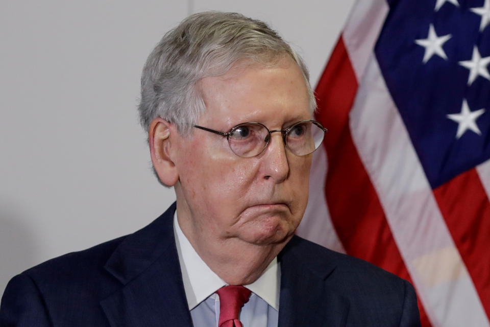 U.S. Senate Majority Leader Mitch McConnell (R-KY) speaks to reporters following a closed Senate Republican policy lunch meeting with U.S. President Donald Trump to discuss the response to the coronavirus disease (COVID-19) outbreak on Capitol Hill in Washington, U.S., May 19, 2020. REUTERS/Yuri Gripas