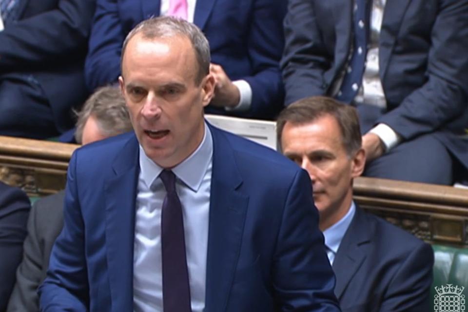 Deputy Prime Minister Dominic Raab speaks during Prime Minister’s Questions in the House of Commons, London (House of Commons/PA) (PA Wire)