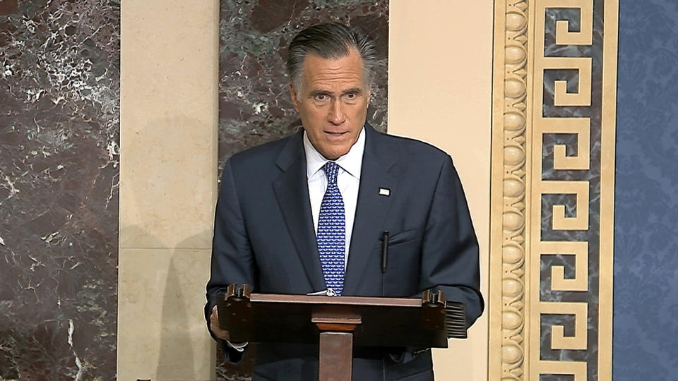 Sen. Mitt Romney, R-Utah, speaks at the Capitol on Feb. 5. (Senate Television via AP)