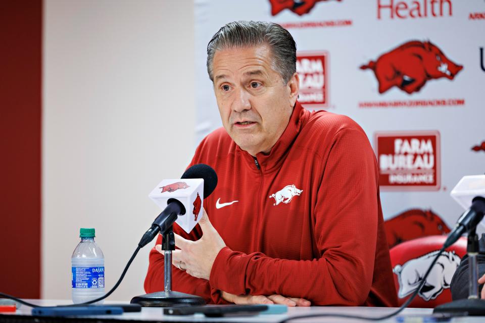 New Arkansas Razorbacks basketball head coach John Calipari holds his first news conference after his introduction at Bud Walton Arena on April 10.