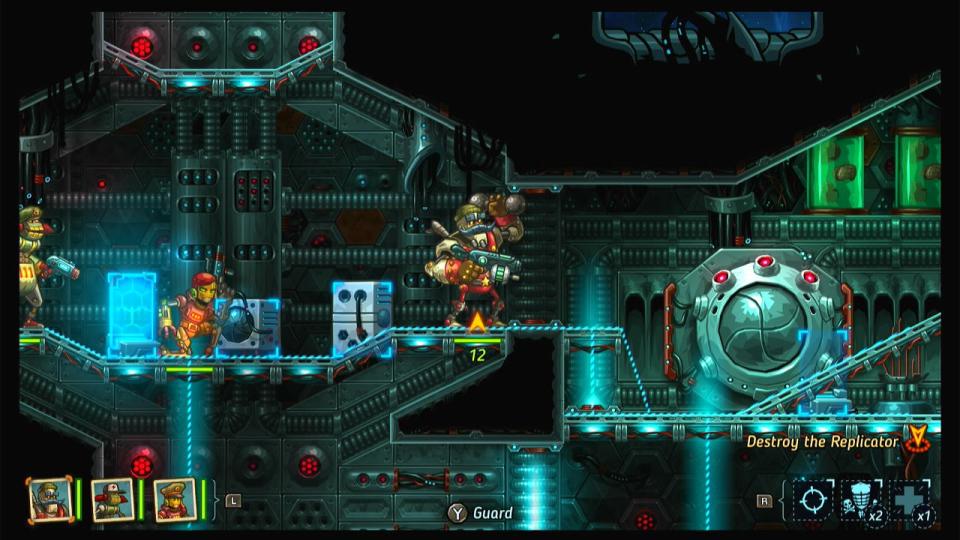 Three characters standing on a platform in Steamworld Heist game