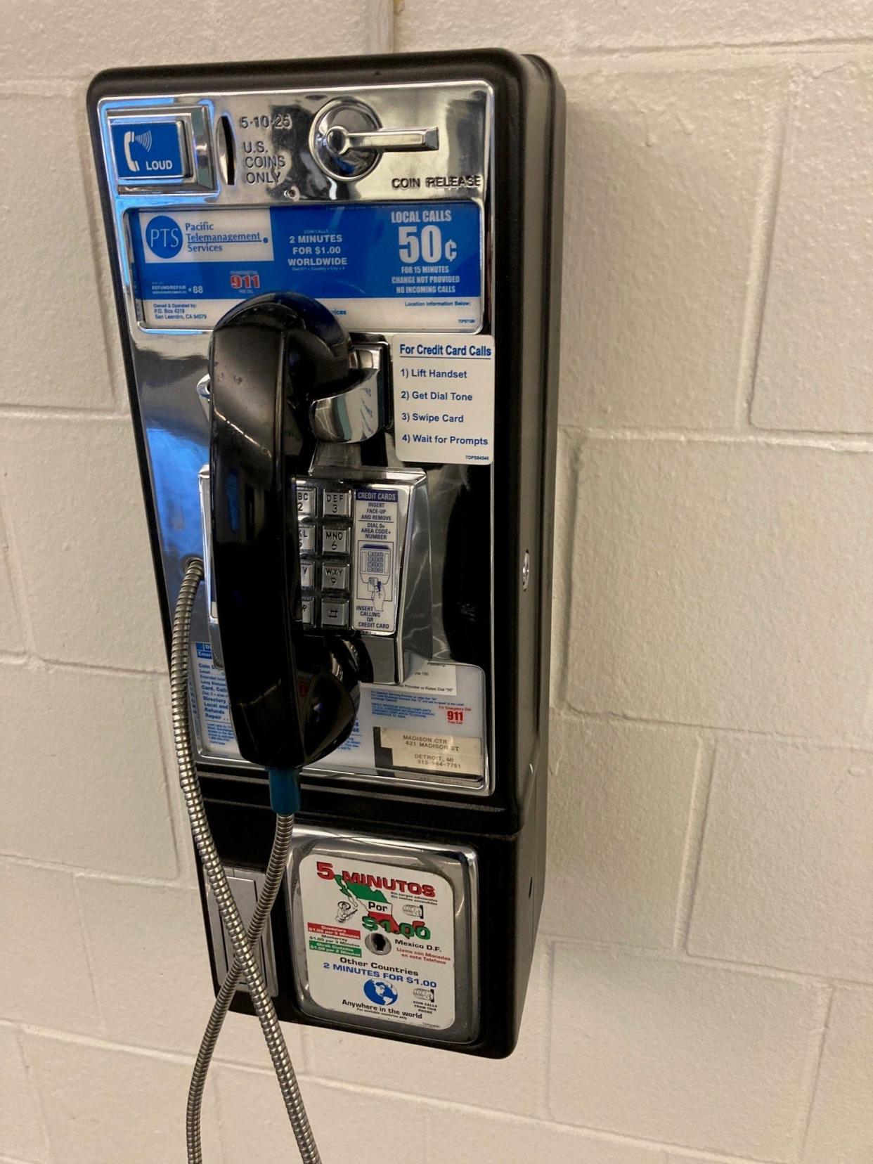 This is one of two pay phones on the wall of the 36th District Court in downtown Detroit. Neither phone had a dial tone.