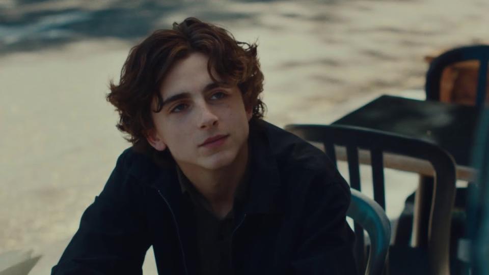 Timothée Chalamet, sitting down, looks up.