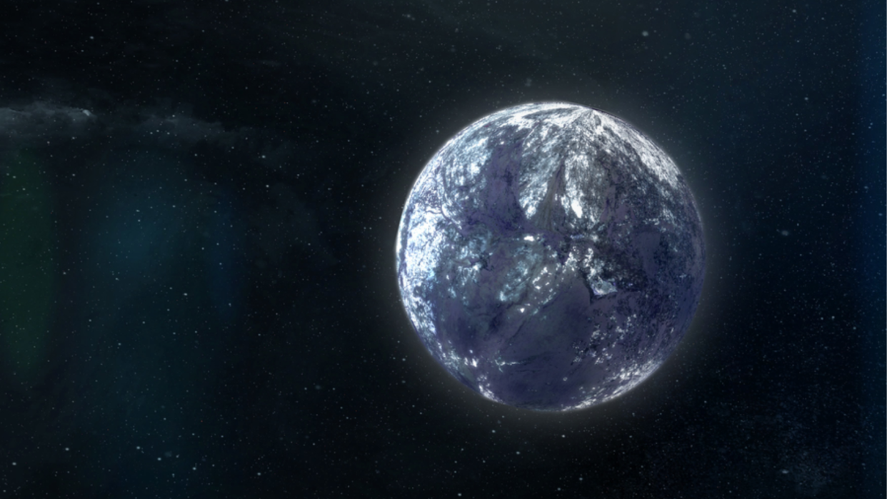  An illustration of an ice covered rogue planet. 