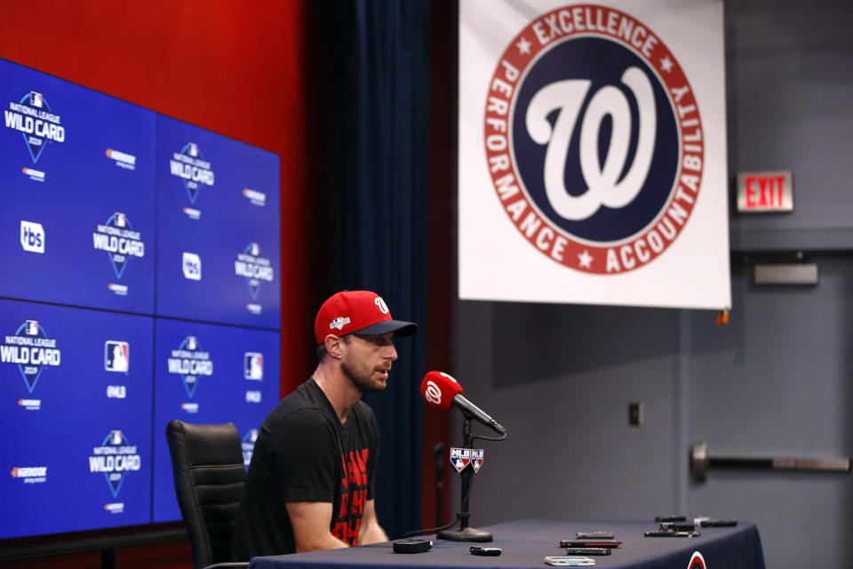 Washington Nationals starting pitcher Max Scherzer speaks at a baseball news conference, Monday, Sept. 30, 2019, in Washington. The Nationals are scheduled to host the Milwaukee Brewers in a National League wild card game Tuesday, Oct. 1. (AP Photo/Patrick Semansky)