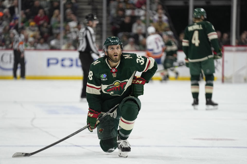 Minnesota Wild right wing Ryan Hartman (38) pauses during the second period of an NHL hockey game against the New York Islanders, Tuesday, Feb. 28, 2023, in St. Paul, Minn. (AP Photo/Abbie Parr)