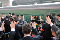 <p>North Korean leader Kim Jong Un waves from a train, as he paid an unofficial visit to China, in this undated photo released by North Korea’s Korean Central News Agency (KCNA) in Pyongyan, March 28, 2018. (Photo: KCNA/via Reuters) </p>