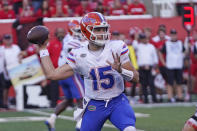 Florida quarterback Graham Mertz throws a pass against Utah during the first half of an NCAA college football game Thursday, Aug. 31, 2023, in Salt Lake City. (AP Photo/Rick Bowmer)