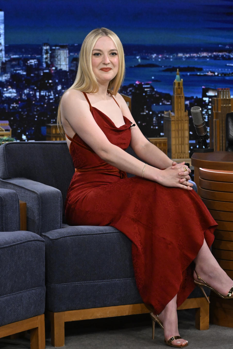 THE TONIGHT SHOW STARRING JIMMY FALLON -- Episode 1947 -- Pictured: Actress Dakota Fanning during an interview on Monday, March 25, 2024 -- (Photo by: Todd Owyoung/NBC via Getty Images)