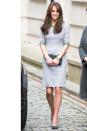 <p>The Duchess steps out for the "My Head Is Too Full" in a pastel dress by Matthew Williamson, adorned with turquoise trim and teal accessories. </p>