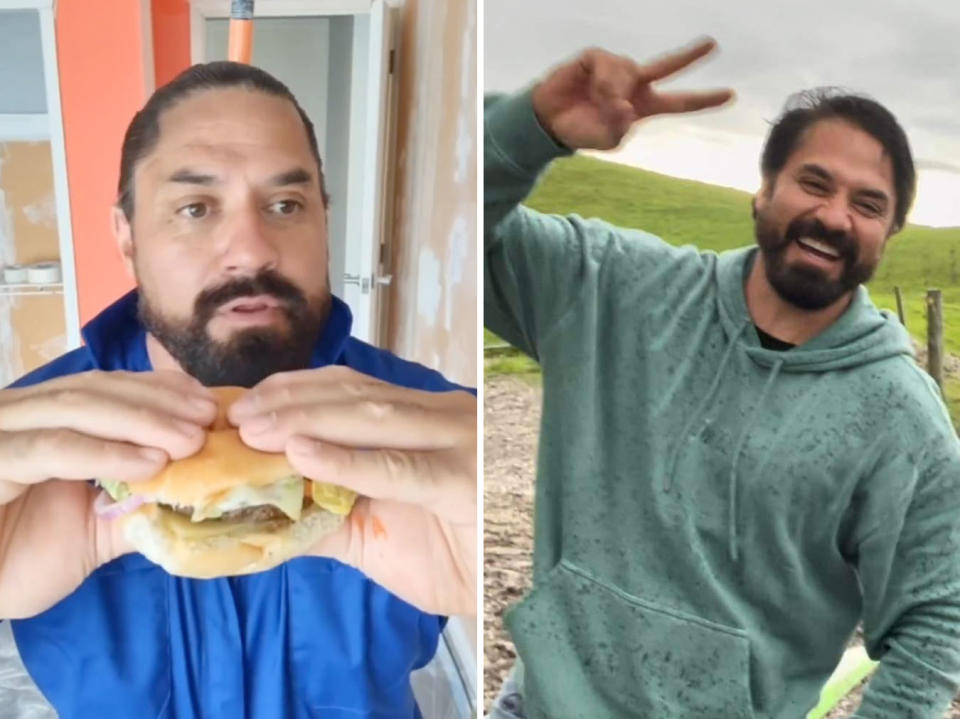 L: Rob Kipa-Williams eating a burger. R: Rob Kipa-Williams doing a peace sign.