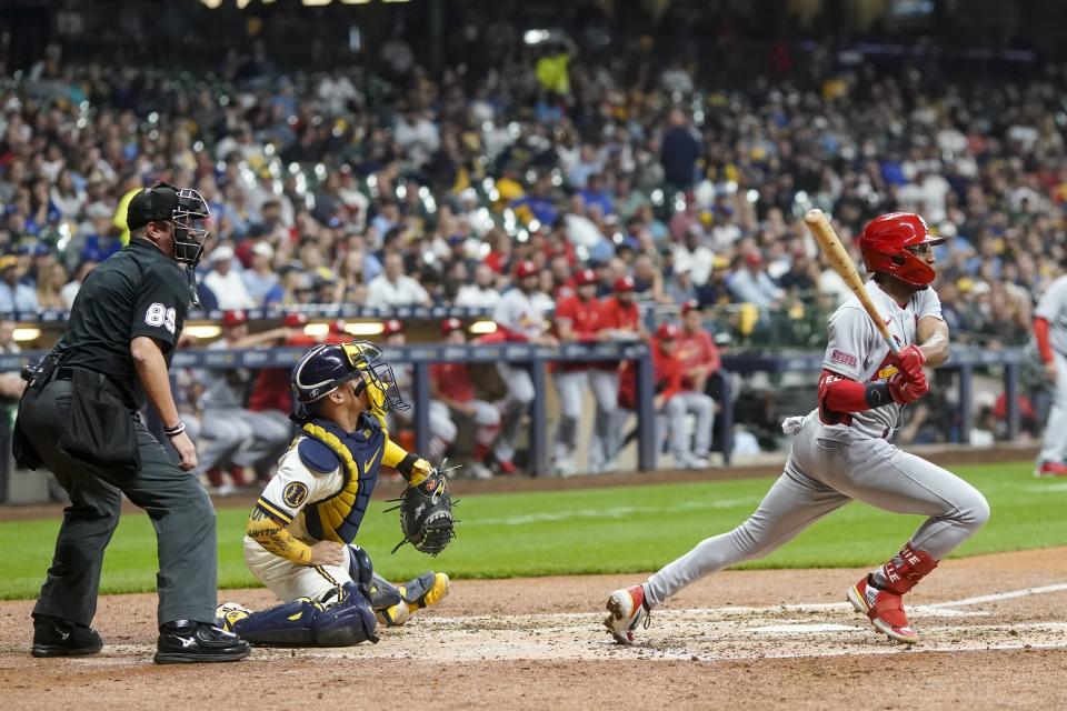 St. Louis Cardinals' Richie Palacios hits a two-run scoring double during the fourth inning of a baseball game against the Milwaukee Brewers Tuesday, Sept. 26, 2023, in Milwaukee. (AP Photo/Morry Gash)