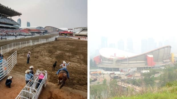 A roper competes at the Calgary Stampede on Wednesday in the left photo. By Sunday, wildfire smoke had pushed the air quality index levels in the city off the charts, rendering Calgary's downtown largely invisible from the grounds. (Jeff McIntosh/Canadian Press, Helen Pike/CBC - image credit)