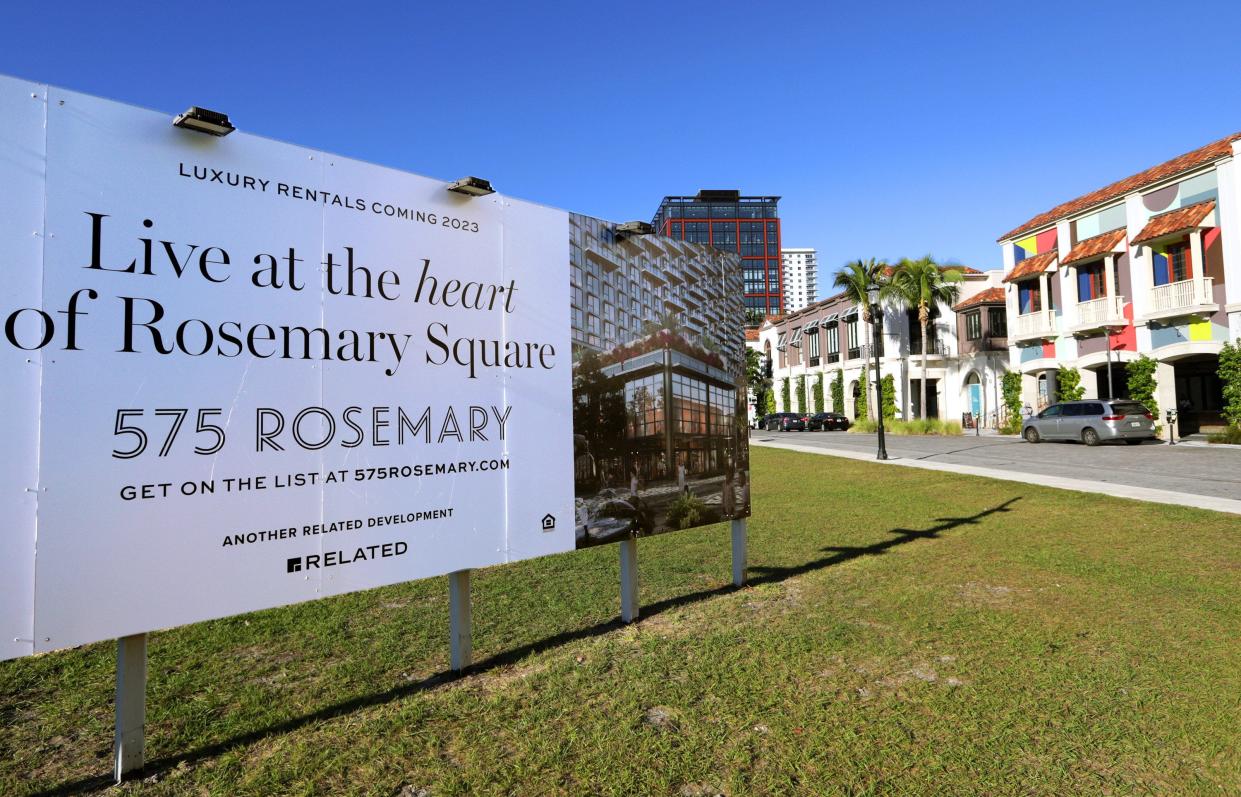 The sign still says Rosemary Square, but new branding as The Square is visible at the the shopping district formerly known as Rosemary Square, formerly known as CityPlace, in downtown West Palm Beach Wednesday, Dec. 1, 2021.