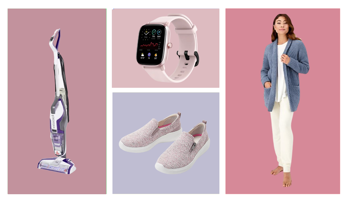 Vacuum, smart watch, slip on sneakers and a cardigan sweater.