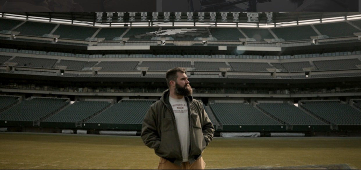 Jason Kelce on the field in Philadelphia in his eponymous documentary. (Prime Video) 