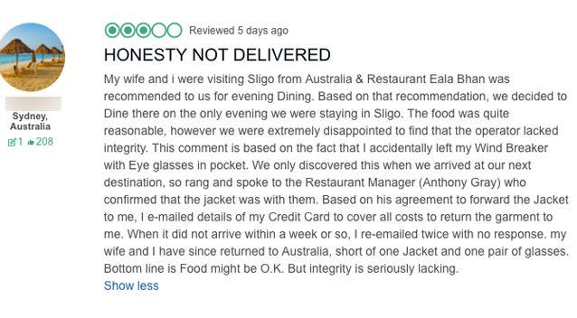 The diner was unsatisfied after the jacket had not arrived within a week and posted this review. Photo: Tripadvisor