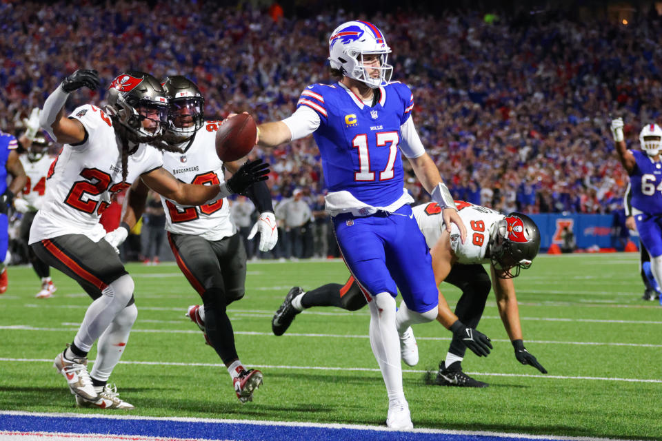 Josh Allen runs for a touchdown during the Bills' win over the Buccaneers. (Photo by Timothy T Ludwig/Getty Images)