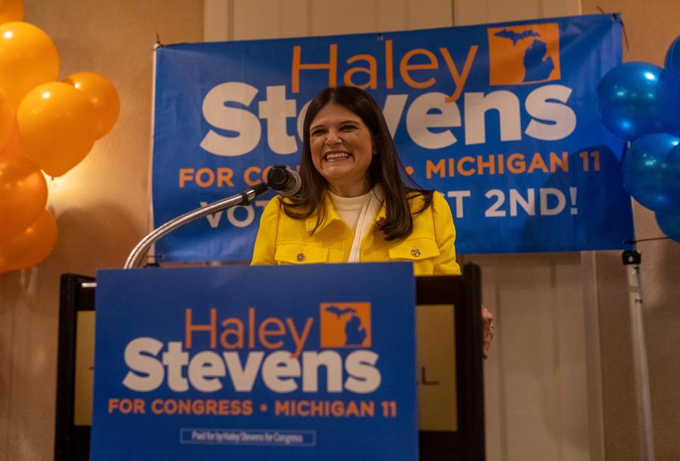 Congresswoman Haley Stevens celebrates the 11th District victory with friends, colleagues and family at the Townsend Hotel in Birmingham on Aug. 2, 2022.