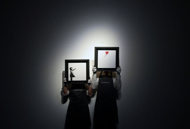 "Girl With Balloon" diptych by Banksy displayed ahead of upcoming auction at Christie's in London