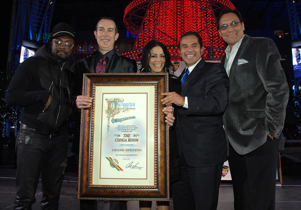 Musician will.i.am, President and CEO of The Conga Room Brad Gluckstien, Musician Sheila Escovedo, Los Angeles Mayor Antonio Villaraigosa and Actor Jimmy Smits attend the grand opening of the Conga Room at LA Live on December 10, 2008 in Los Angeles, California