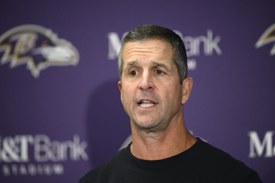 Baltimore Ravens head coach John Harbaugh addresses the media after an NFL football game against the Detroit Lions, Sunday, Oct. 22, 2023, in Baltimore. (AP Photo/Nick Wass)