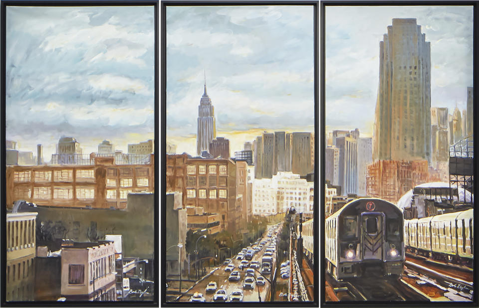 This picture provided and painted by Bob Dylan in 2020 is called "New York Subways". The largest collection of Bob Dylan’s artwork ever seen will go on display later this year in the U.S. “Retrospectum” spans six decades of Dylan’s art, featuring more than 120 of the artist’s paintings, drawings and sculptures. Building on the original “Retrospectum” exhibition that premiered in Shanghai, China, in 2019, the new version will include new, never-before-seen pieces and additional artworks from a brand-new series called “American Pastoral.” (Bob Dylan via AP)