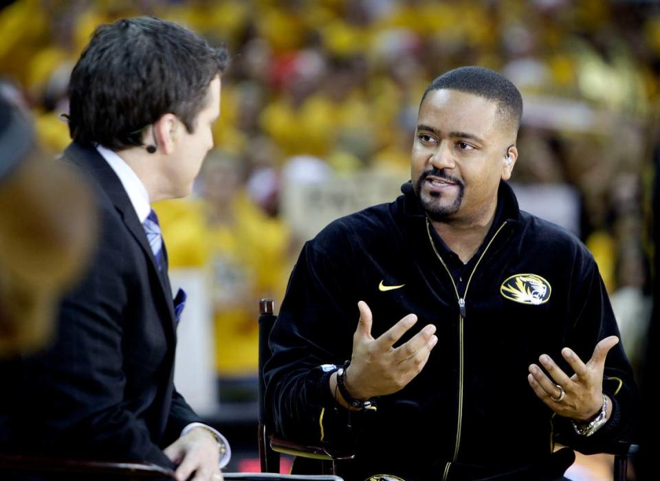 Missouri coach Frank Haith talked to ESPN’s Rece Davis during the network’s College GameDay telecast the morning of Feb. 4, 2012 at Mizzou Arena.