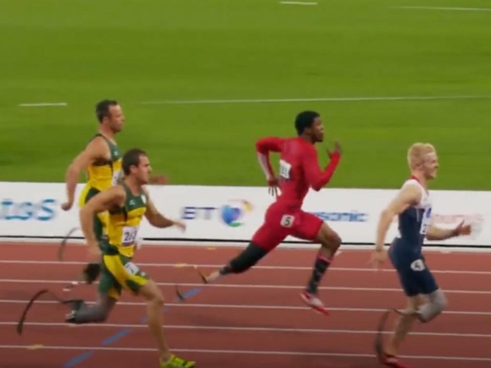 Oscar Pistorius (far left) could be seen racing against Jonnie Peacock (far right) in Penny Mordaunt’s initial campaign clip (Penny Mordaunt / Twitter)