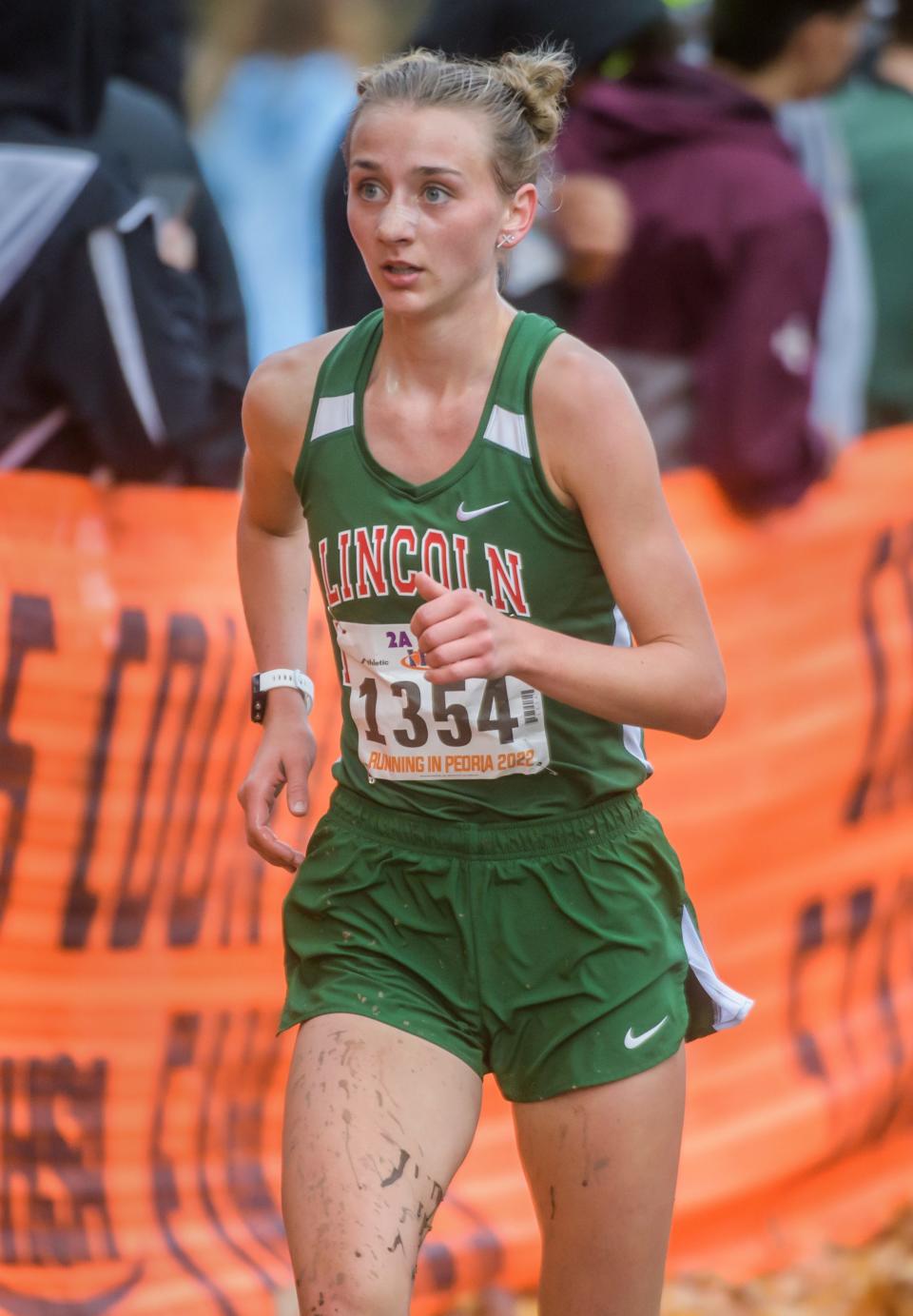 Lincoln's Becca Heitzig takes third place in the Class 2A girls state cross-country meet Saturday, Nov. 5, 2022 at Detweiller Park in Peoria.
