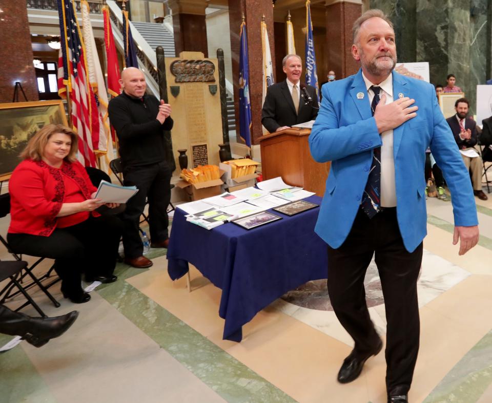 State Rep. Timothy Ramthun reacts to applause before speaking at a rally supporting the legally impossible act of overturning Wisconsin's 2020 presidential election Tuesday, February 15, 2022 at the Capitol in Madison, Wis.