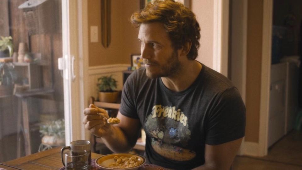 Peter Quill eats cereal at breakfast in Guardians of the Galaxy Vol. 3
