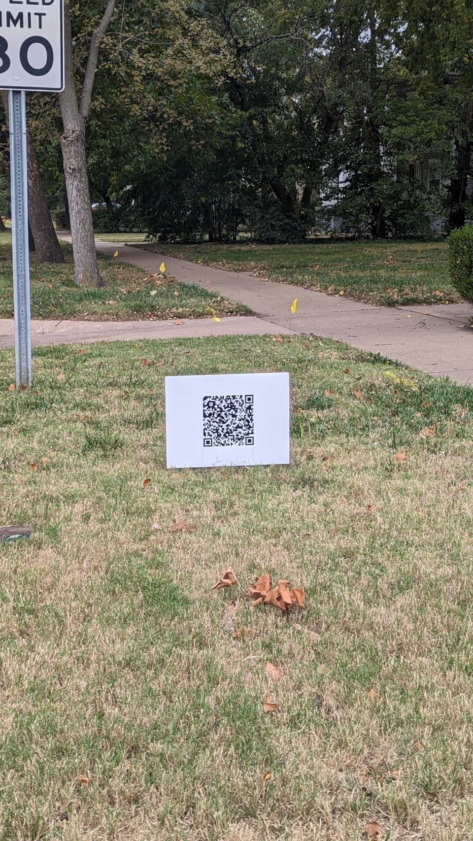 Signs that feature a QR code, instead of the traditional candidate's name, are popping up in yards around Salina this election cycle. When scanned by a phone's camera, this sign leads to a survey paid by one of the Salina City Commission candidates.