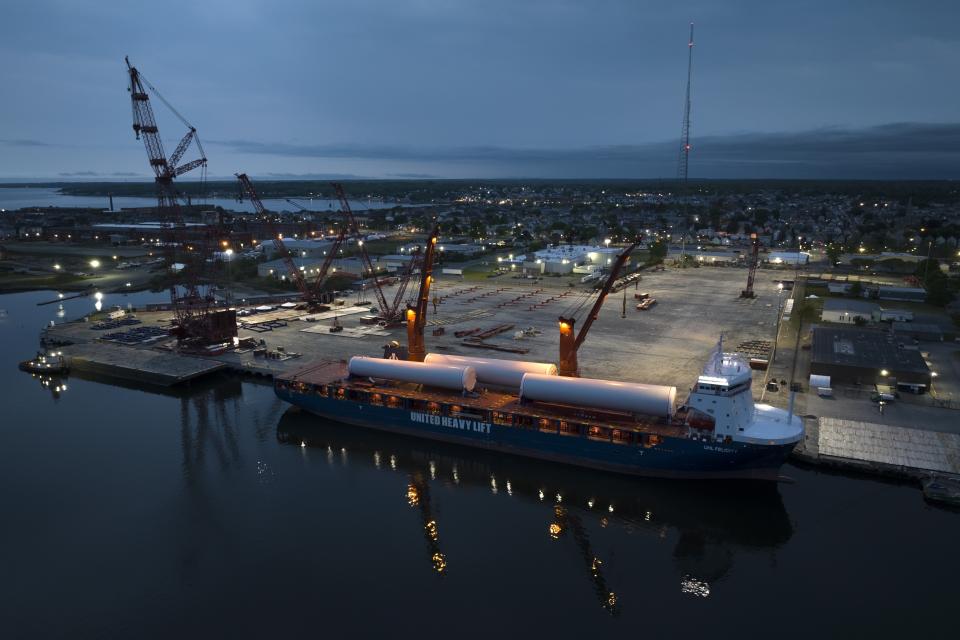 The ship UHL Felicity, carrying massive parts for offshore wind turbines, is docked Wednesday, May 24, 2023, in New Bedford, Mass. Once assembled by developer Vineyard Wind, the turbines at sea will stand more than 850 feet high. (AP Photo/Rodrique Ngowi)