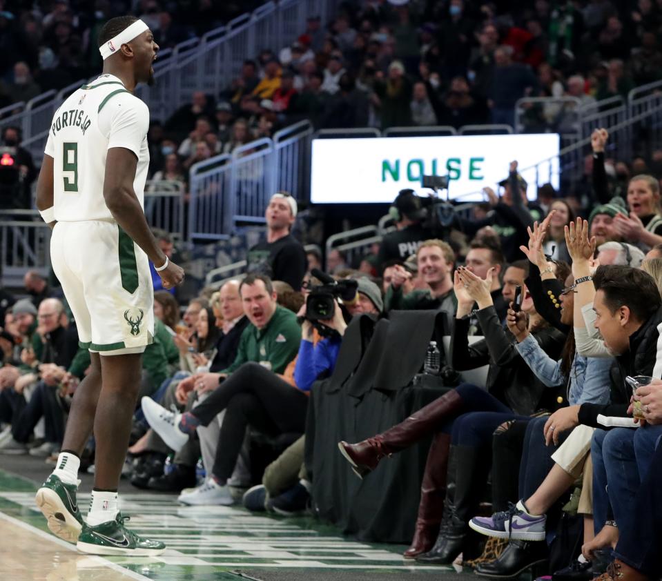 Milwaukee Bucks center Bobby Portis reacts after scoring during the first half of their game against the Brooklyn Nets on Feb. 26 at Fiserv Forum.