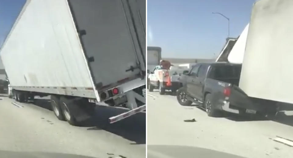 A truck blows over and crushes a ute during the Santa Ana winds in California.