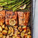 <p>Yukon Golds are great here because they get crispy on the outside but completely creamy on the inside. A brush stroke or two of balsamic glaze provides a rich color and a sweet finish to the roasted salmon.</p> <p> <a href="https://www.eatingwell.com/recipe/280094/rosemary-roasted-salmon-with-asparagus-potatoes/" rel="nofollow noopener" target="_blank" data-ylk="slk:View Recipe;elm:context_link;itc:0" class="link ">View Recipe</a></p>