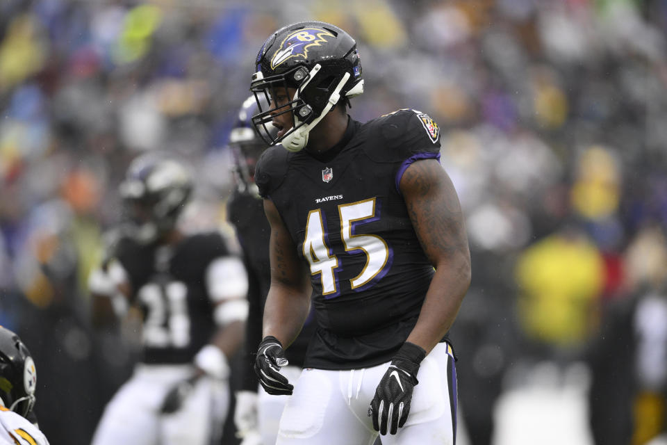 Baltimore Ravens linebacker Jaylon Ferguson (45) during the first half of an NFL football game against the Pittsburgh Steelers, Sunday, Jan. 9, 2022, in Baltimore. / Credit: Nick Wass / AP