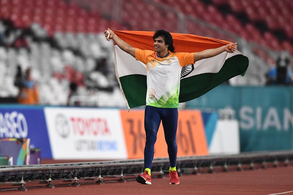 Neeraj Chopra of India celebrates victory after winning the Men’s Javelin Throw on day nine of the Asian Games in 2018 (Getty Images)