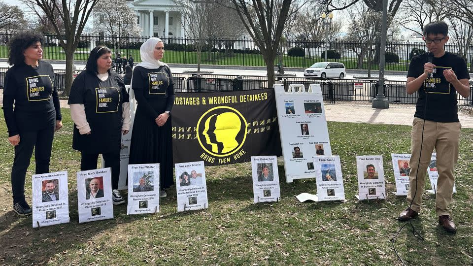 Family members of Americans detained abroad demonstrate in front of the White House on March 8, 2024. - Jennifer Hansler/CNN