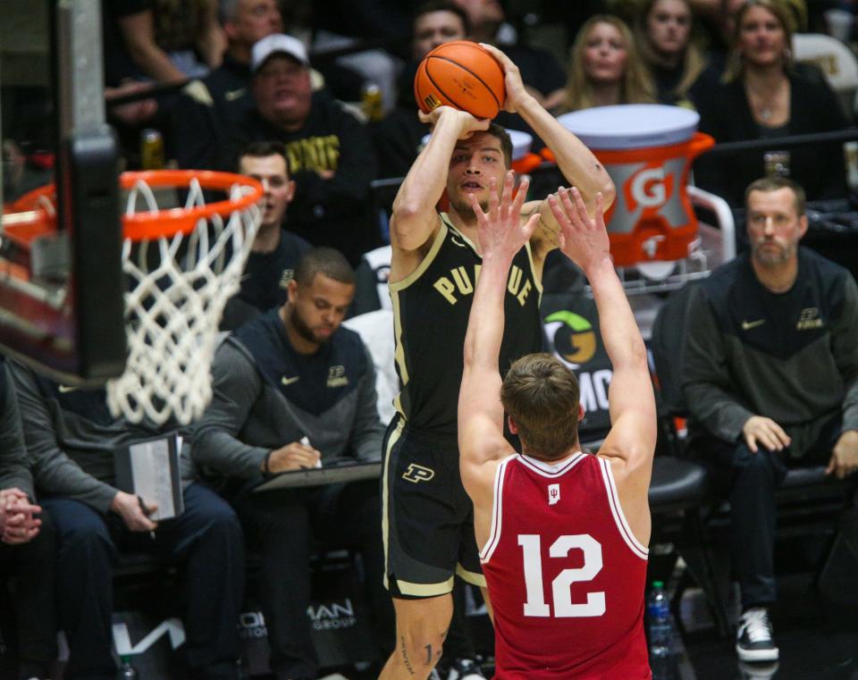 Boilermaker guard forward Mason Gillis (0) attempts a shot during the NCAA men’s basketball game, Saturday, Feb. 25, 2023, at Mackey Arena in West Lafayette, Ind. Hoosiers won 79-71.