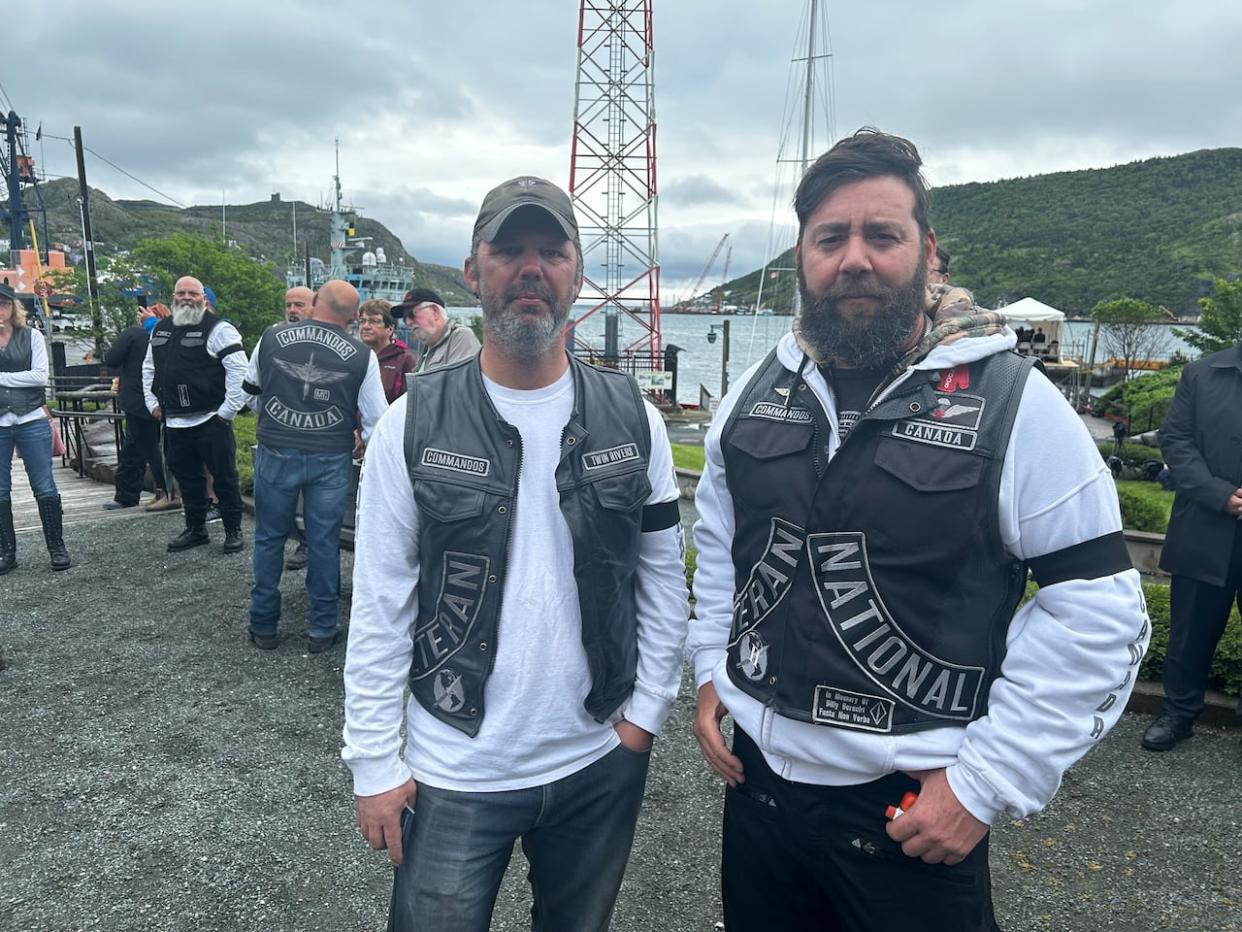 Sean Bohrson (right) and Jeremy Jones (left) are part of the Commandos Motorcycle Club, a club made up of veterans. They travelled to the province from Calgary and Ottawa, to show support to the club's Newfoundland chapter at the ceremony of the unknown soldier.